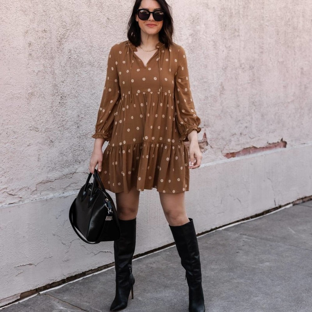 MADEWELL Tie-Neck Tiered Mini Dress in Bloom Dot Mustard Gold {3A38}